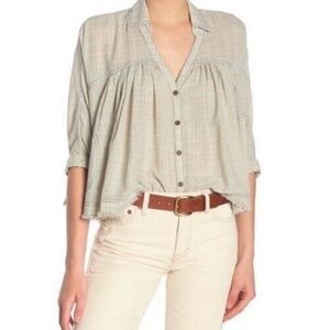 Free People Green Boxy 3/4 Sleeve Blouse